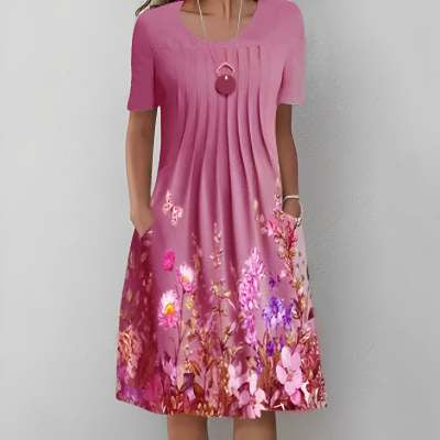Casual Floral Round Neck Mid-Length Straight Dress