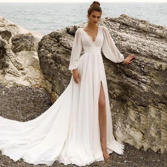 Boho Beach Wedding Dress Puff Sleeve V Neck Bridal Gown