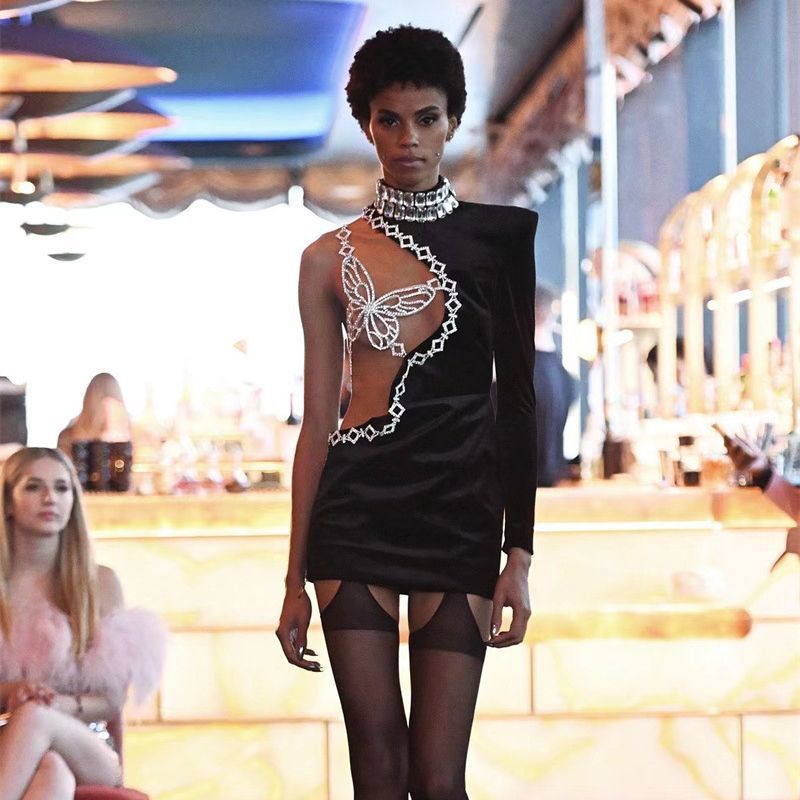 Beautiful Rhinestone Butterfly Sexy Shoulder Sleeve Short Dress Luxury Design Sense