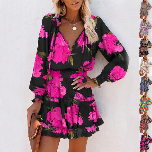Bohemian Floral Print Puff Sleeve Dress – Tie Waist Casual Chic