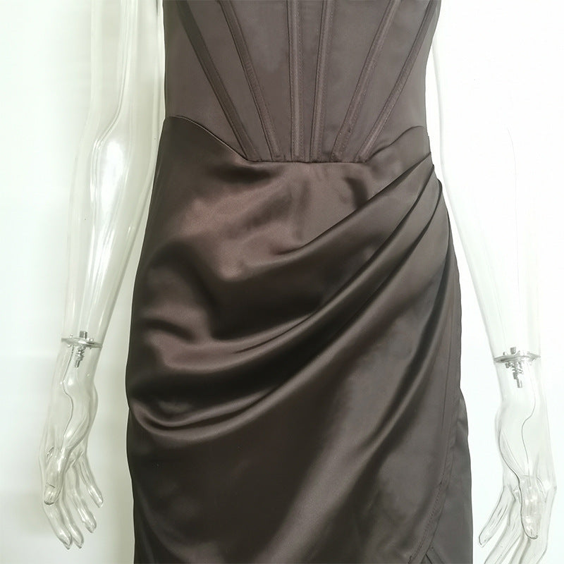 Silk Satin Deep V Sexy Sling Cocktail Dress Waist Mid-Length Party Dress