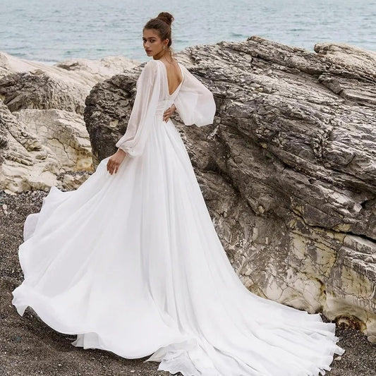Boho Beach Wedding Dress Puff Sleeve V Neck Bridal Gown
