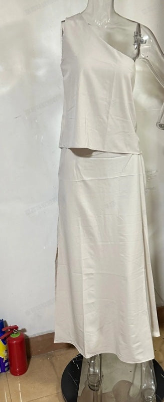 Fashion Solid Color Diagonal Collar Sleeveless High Waist Skirt Suit