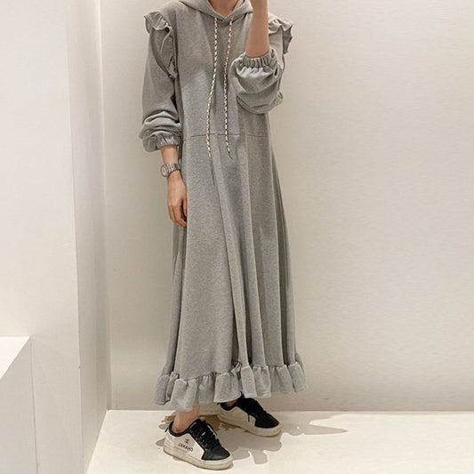 Pullover Dress Thickened Hooded Ruffled Long