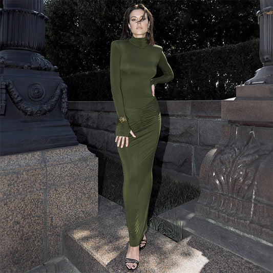 Autumn And Winter New High Neck Long Sleeve Fashion Pleated Dress