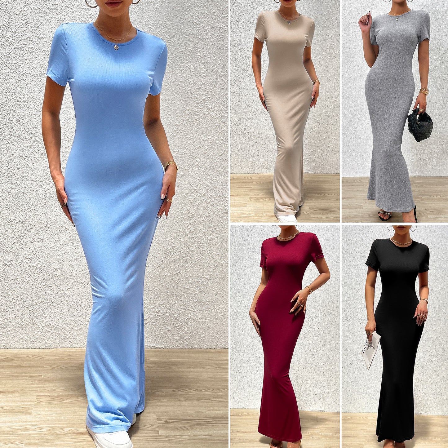 Elegant Solid Color Round Neck Short Sleeves Slim Dress
