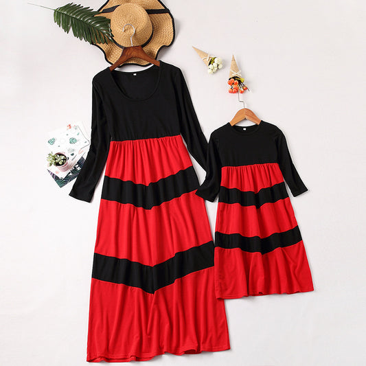 Solid Color Patchwork Mother And Daughter Long Sleeve Dress