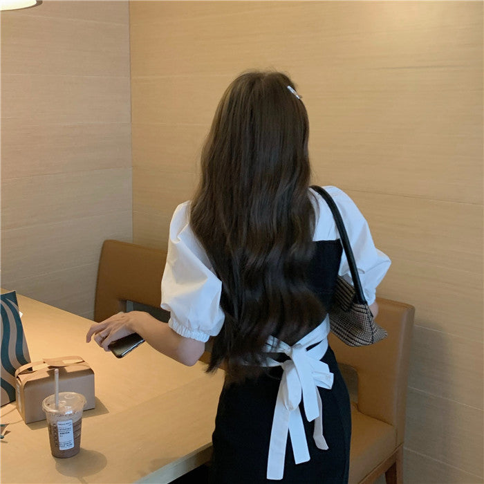 Temperament back tie waist puff sleeve dress