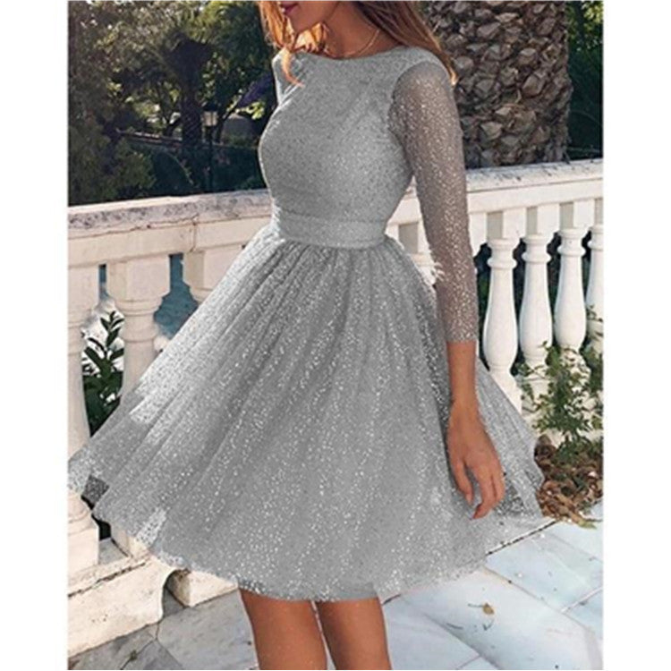 Round neck long sleeve see-through dress