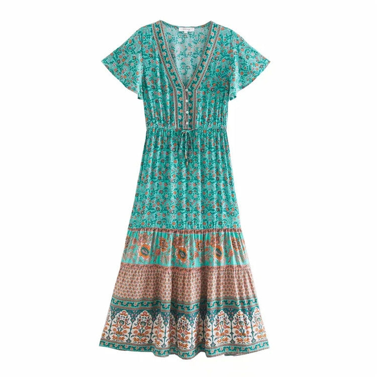 Printed V-neck short sleeve dress