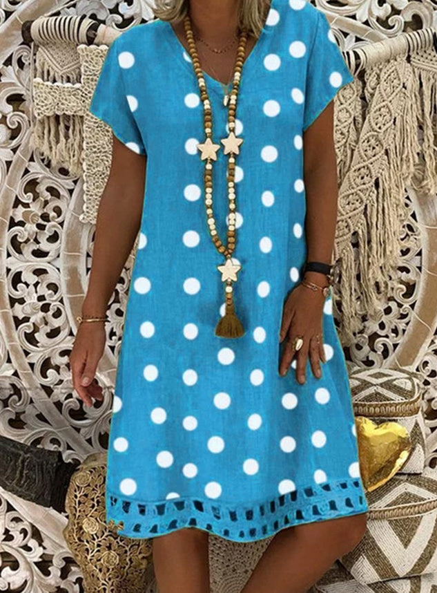 Short-sleeved V-neck print mid-length dress