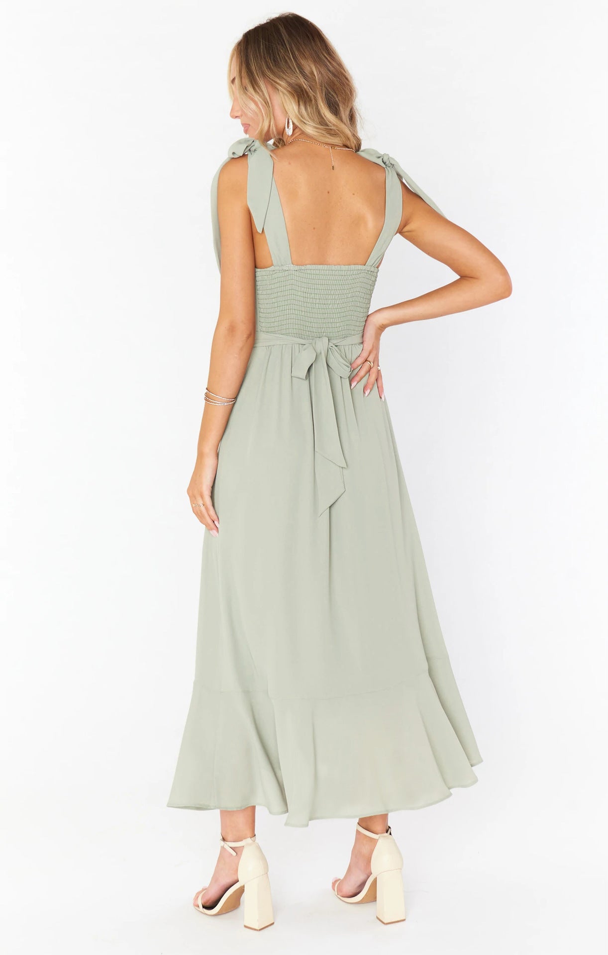 Summer Grace Square Neck Ruffle Split Midi Dress – Bridesmaid & Wedding Guest Style