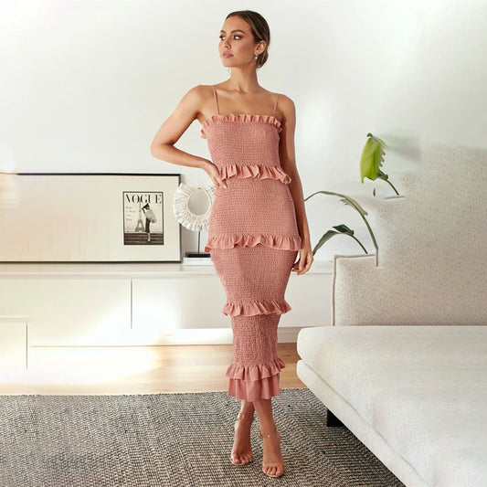 Elegant Spaghetti Strap Pleated Cake Maxi Dress