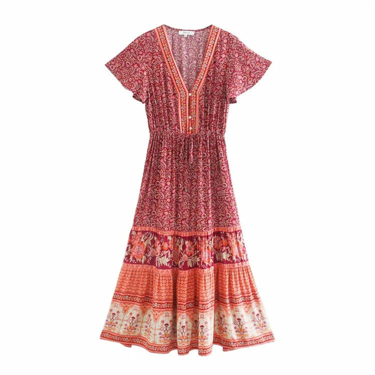 Printed V-neck short sleeve dress