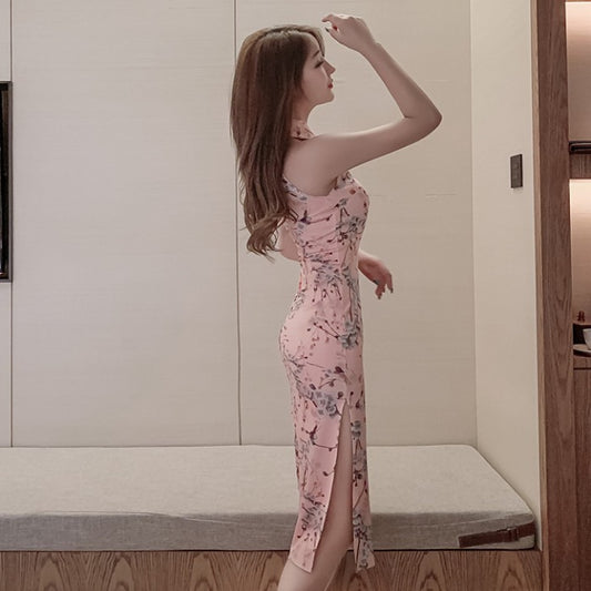 Hollow retro flower cheongsam mid-length slit dress