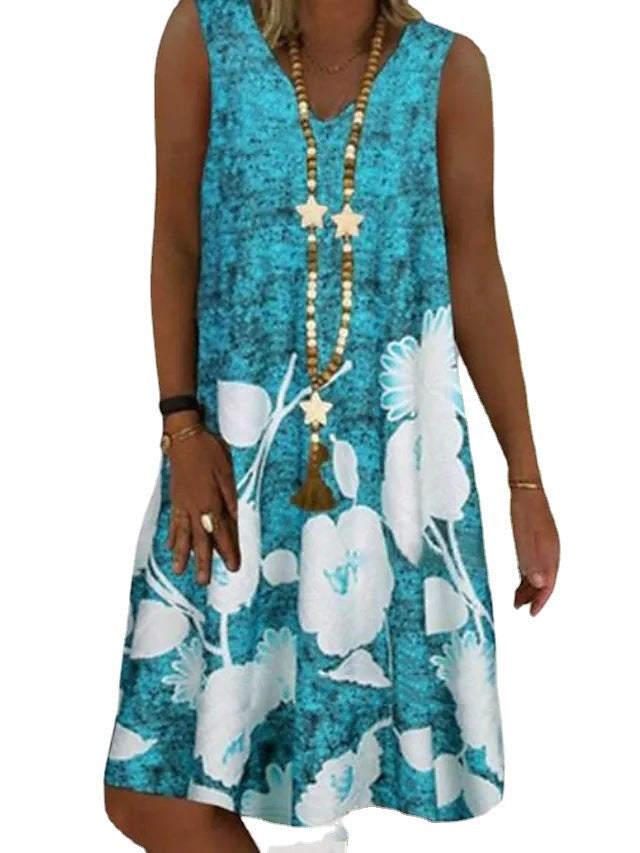 Printed Deep V-neck Sleeveless Mid-length Dress