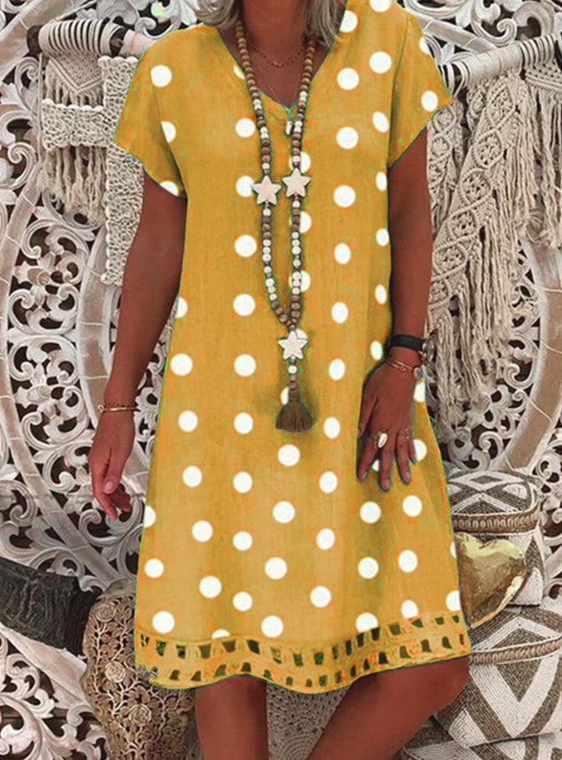 Short-sleeved V-neck print mid-length dress