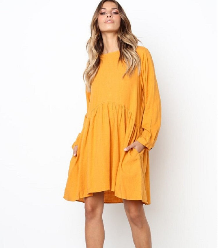 Round neck long sleeve cotton and linen skirt