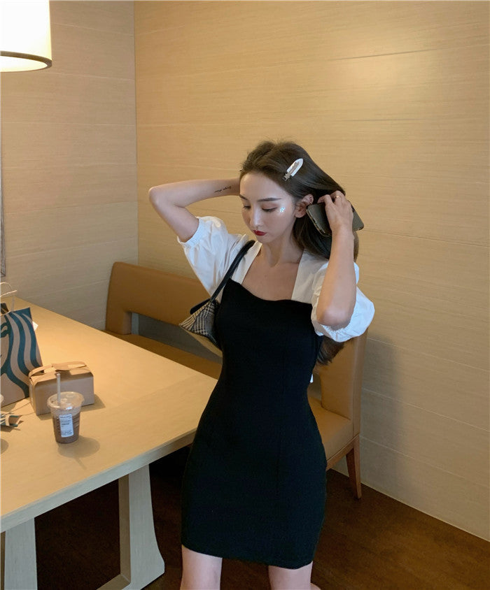 Temperament back tie waist puff sleeve dress