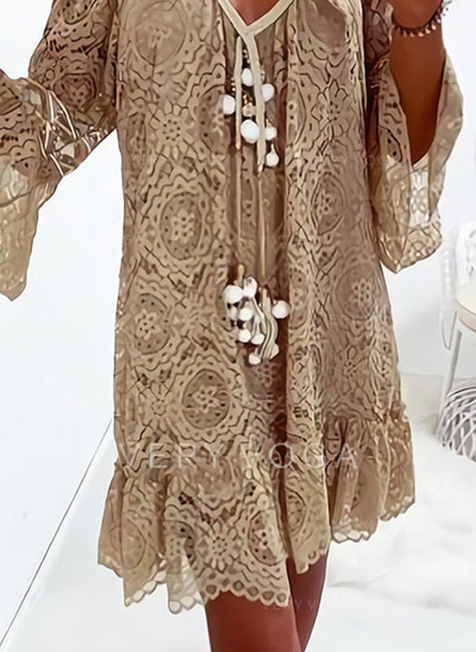 Mid-Length Casual Lace Dress With Flared Sleeves