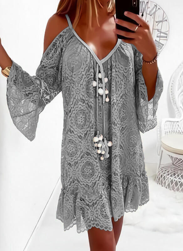 Mid-Length Casual Lace Dress With Flared Sleeves