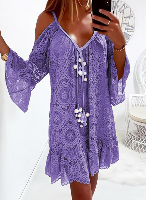 Mid-Length Casual Lace Dress With Flared Sleeves