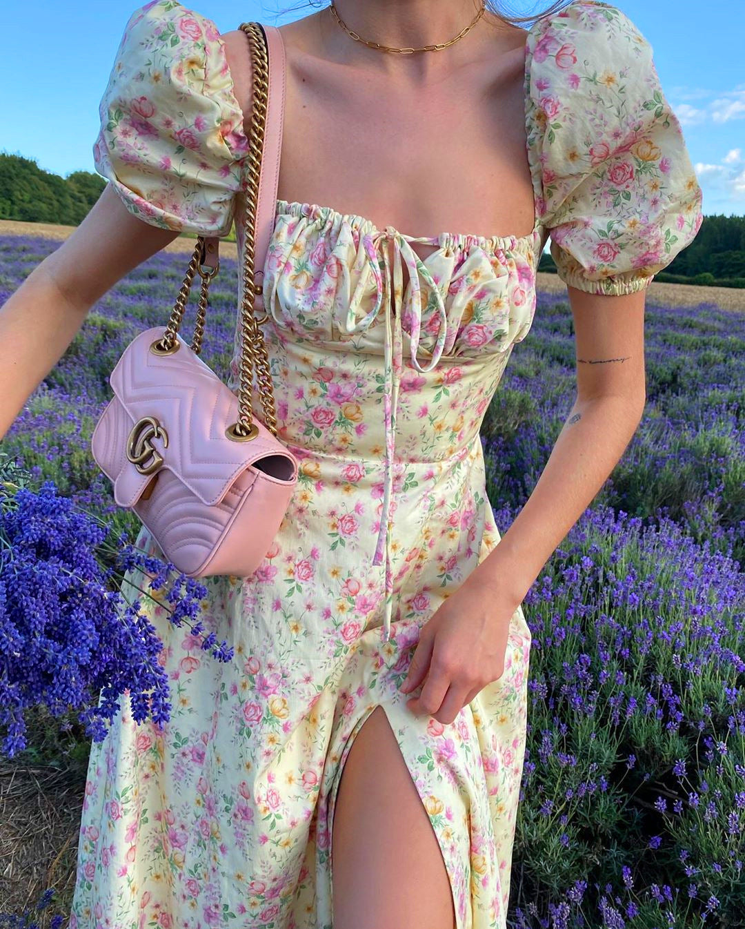 Floral Print Puff Short Sleeve Women Dress High Split Day Long Dresses Elegant Lace Up