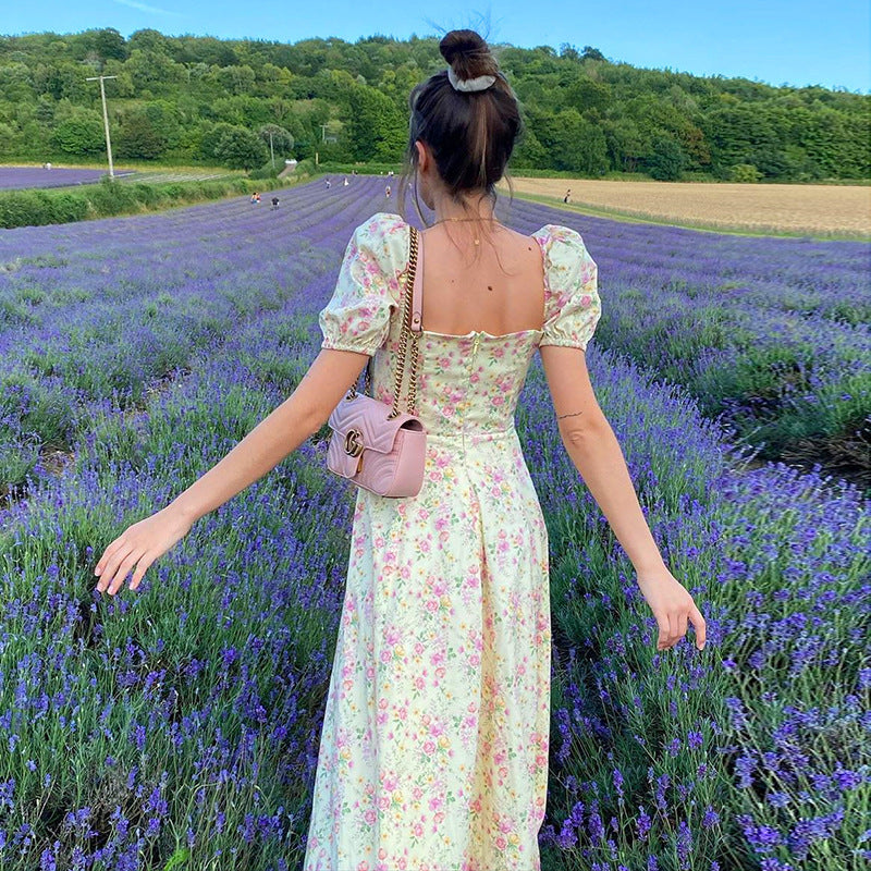 Floral Print Puff Short Sleeve Women Dress High Split Day Long Dresses Elegant Lace Up
