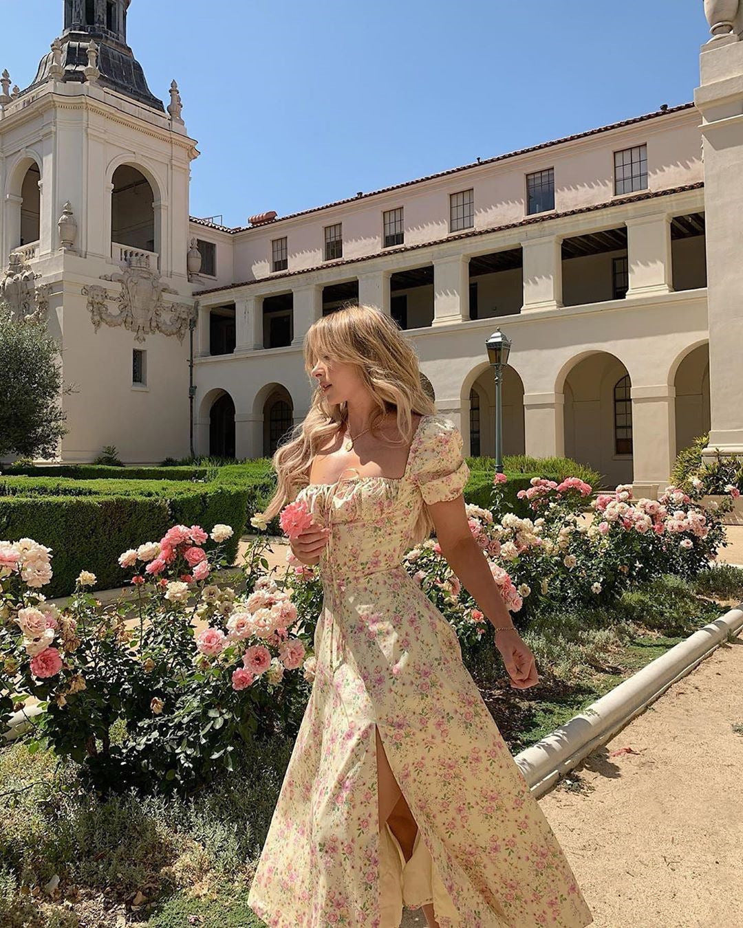 Floral Print Puff Short Sleeve Women Dress High Split Day Long Dresses Elegant Lace Up