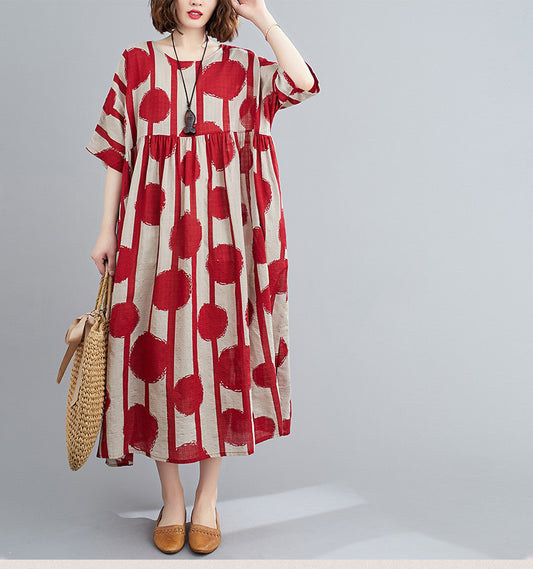 Curvy Girl  Vintage Polka Dot Simmer Dress Cotton Casual Ladies Dresses for Women 4XL 5XL 6XL Robe Femme Red Long Dress