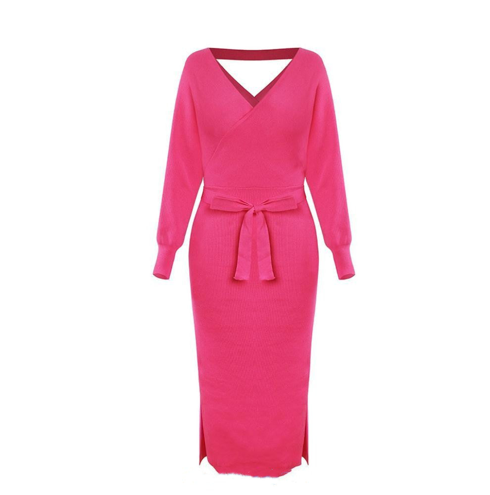 Cross V-neck Knitted Mid-length Slim Dress