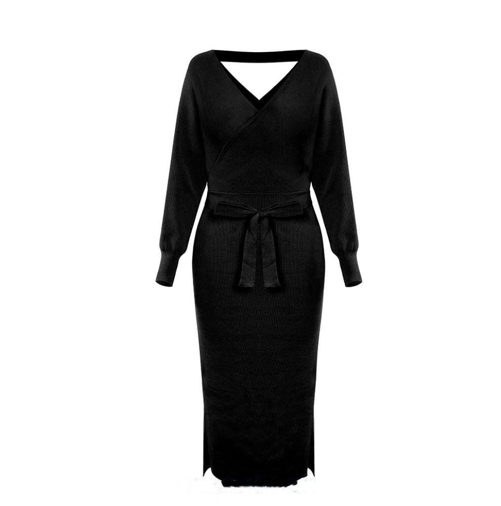 Cross V-neck Knitted Mid-length Slim Dress