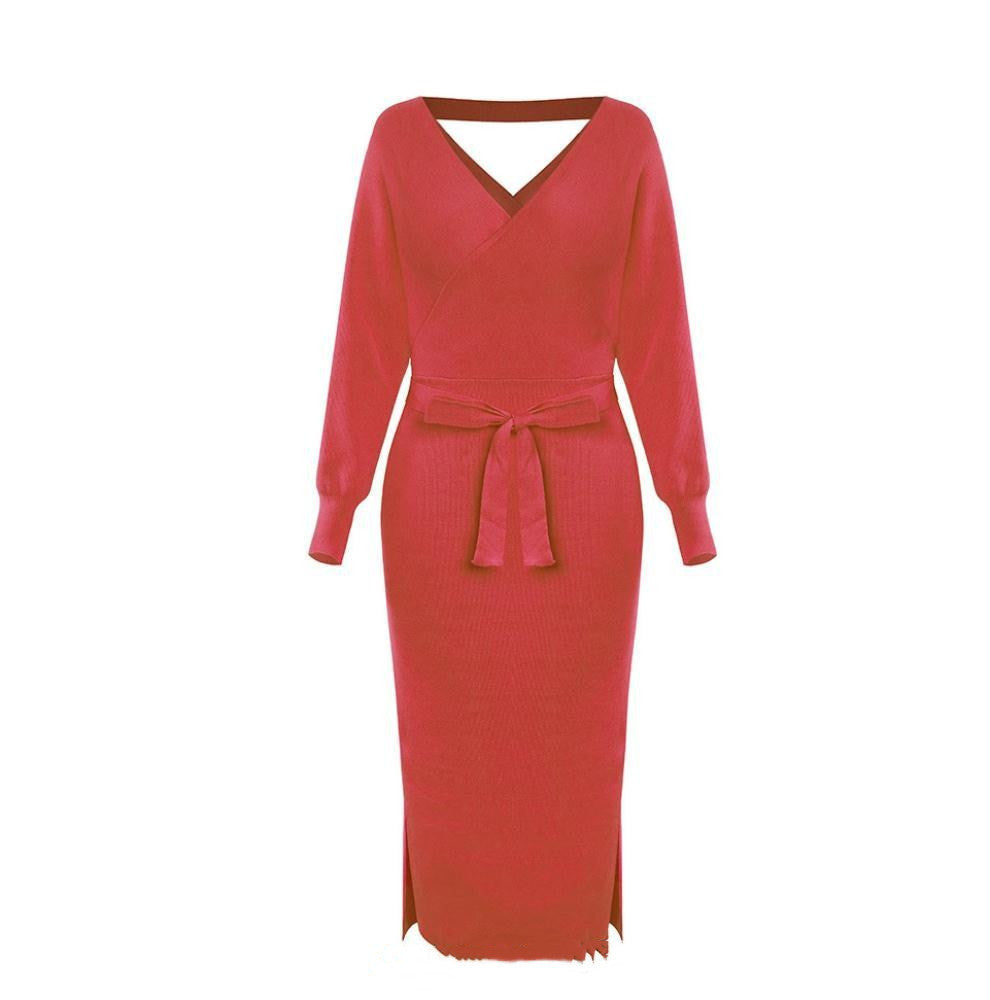 Cross V-neck Knitted Mid-length Slim Dress