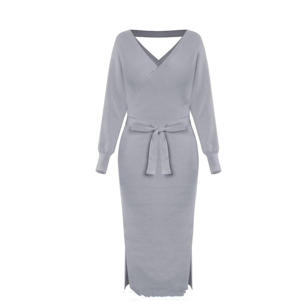 Cross V-neck Knitted Mid-length Slim Dress