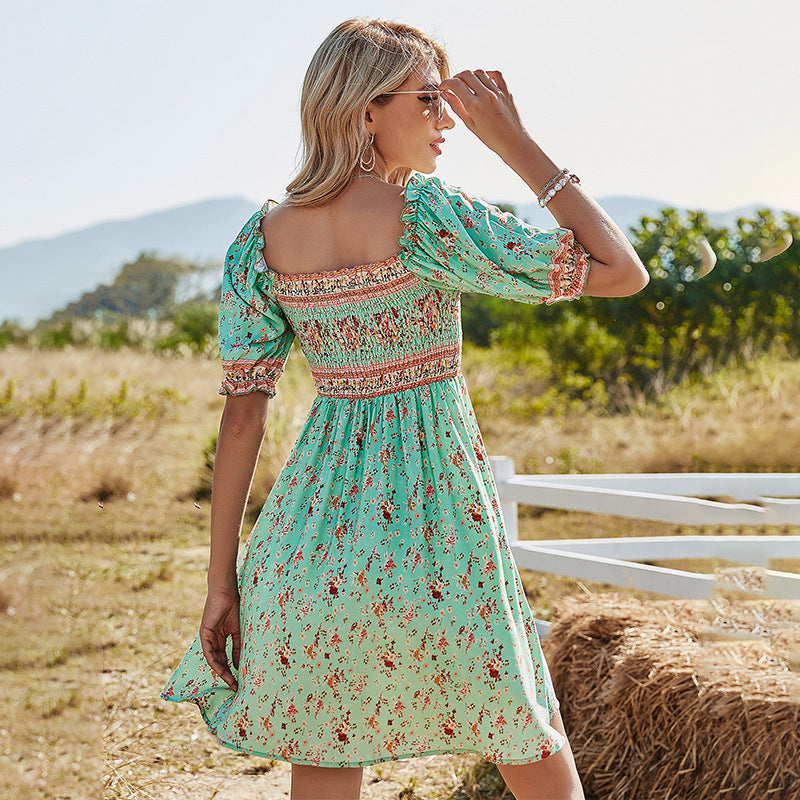 Stitching Lace Mid-length Skirt Floral Dress