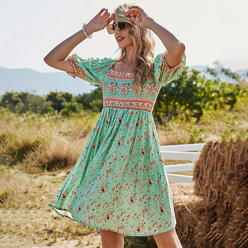 Stitching Lace Mid-length Skirt Floral Dress