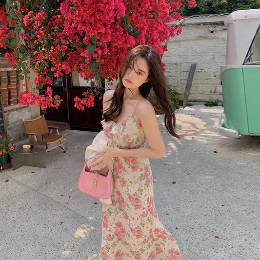 Spring And Summer Lace Chiffon Floral Blouse Mid-Length Dress Female Slim Suspender Skirt