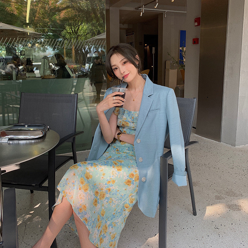 Spring And Summer Lace Chiffon Floral Blouse Mid-Length Dress Female Slim Suspender Skirt