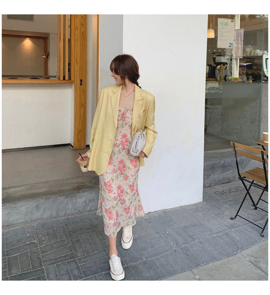 Spring And Summer Lace Chiffon Floral Blouse Mid-Length Dress Female Slim Suspender Skirt