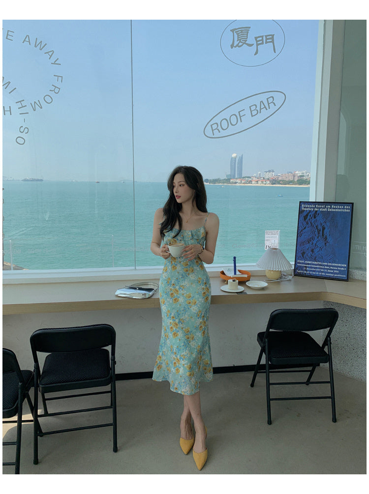 Spring And Summer Lace Chiffon Floral Blouse Mid-Length Dress Female Slim Suspender Skirt