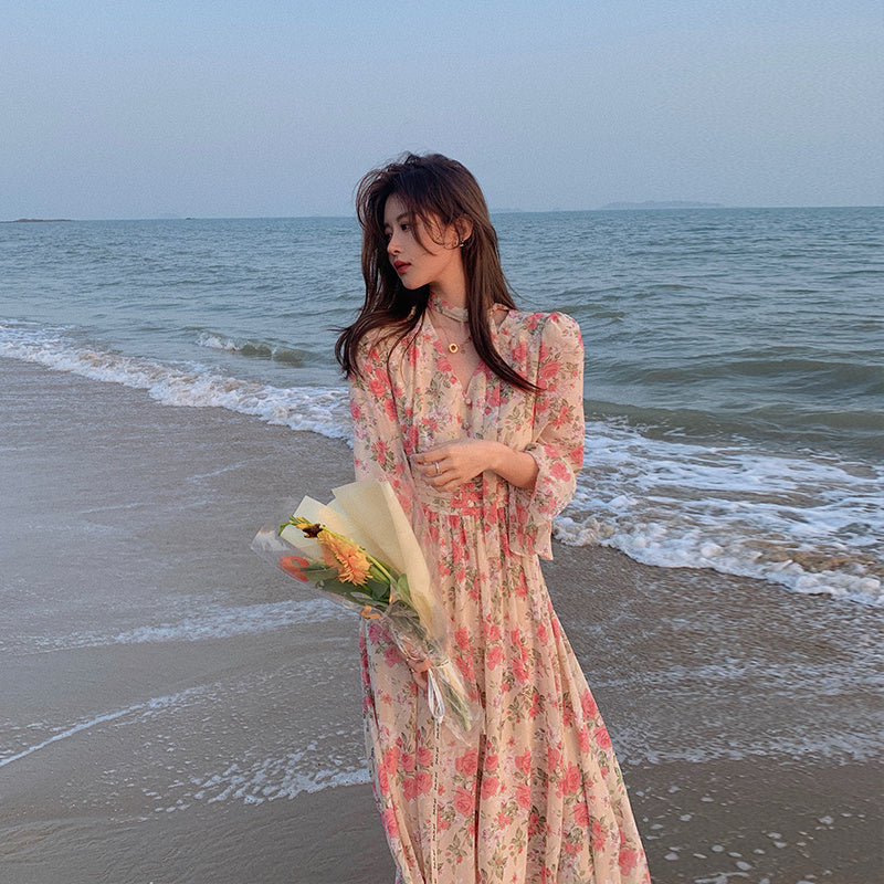 Spring And Summer Lace Chiffon Floral Blouse Mid-Length Dress Female Slim Suspender Skirt