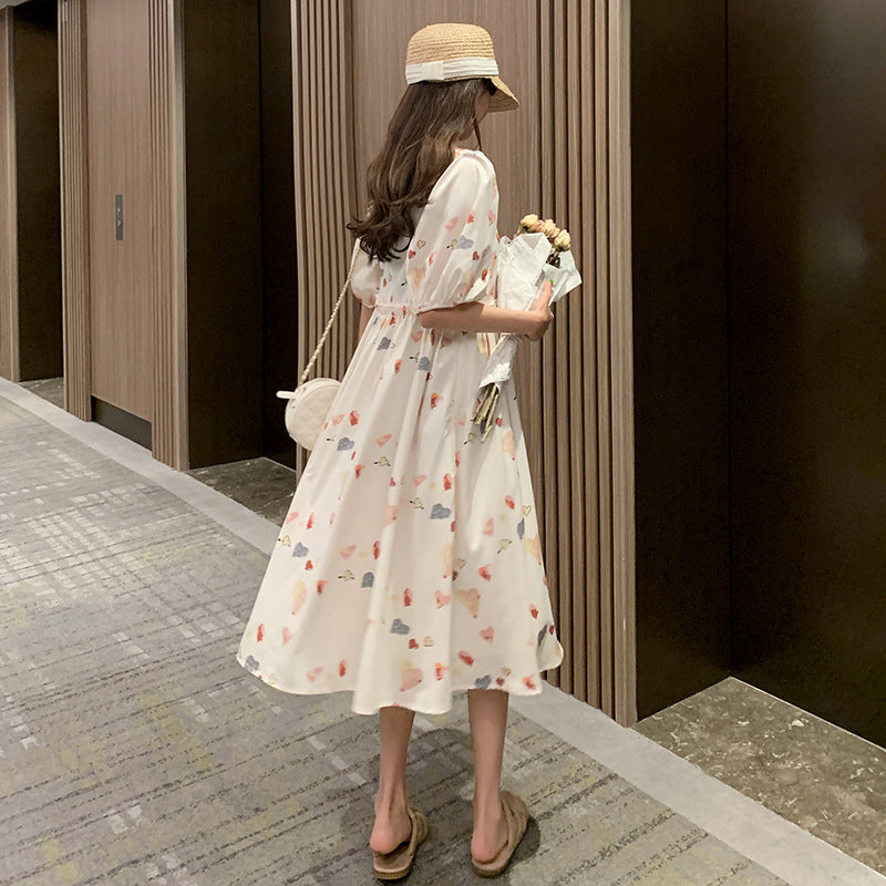 Pregnant Women'S Summer Short Sleeve Floral Loose Thin Chiffon Medium Length Dress Fashion Mother Pregnant Women'S Skirt