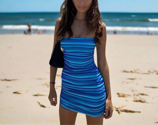 Striped strapless &  backless Ruched Summer Dress - Booty Gains Enhanced