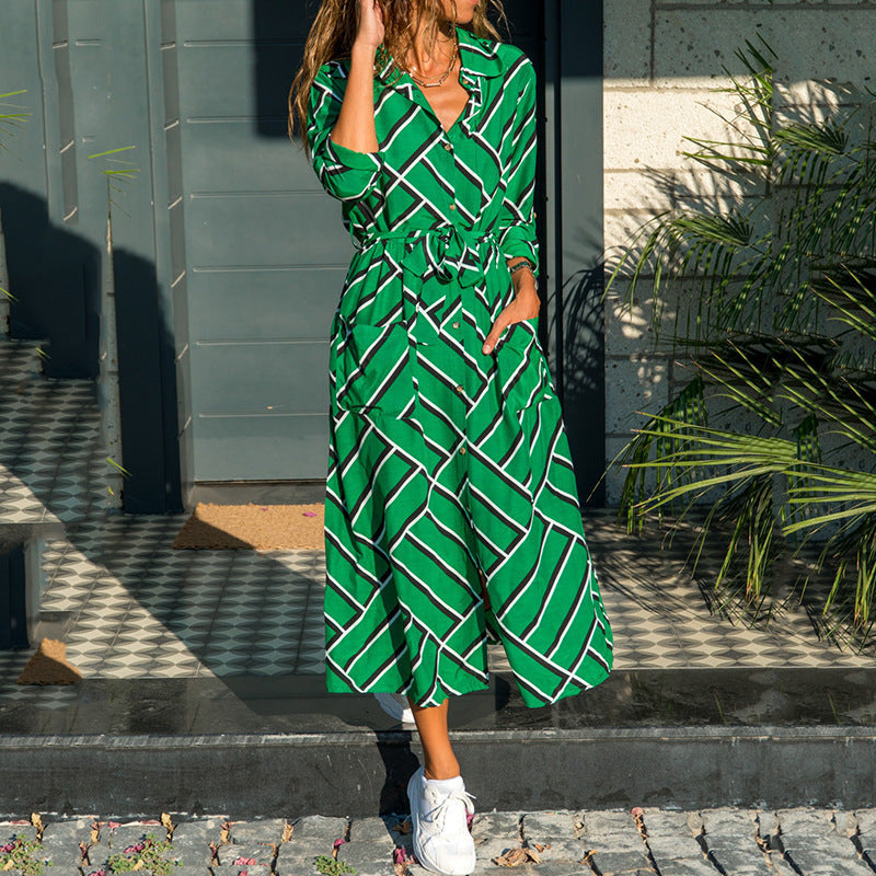 Printed V-neck high waist lace long sleeve chiffon dress with side pockets