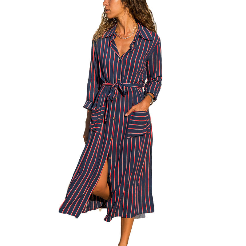 Printed V-neck high waist lace long sleeve chiffon dress with side pockets