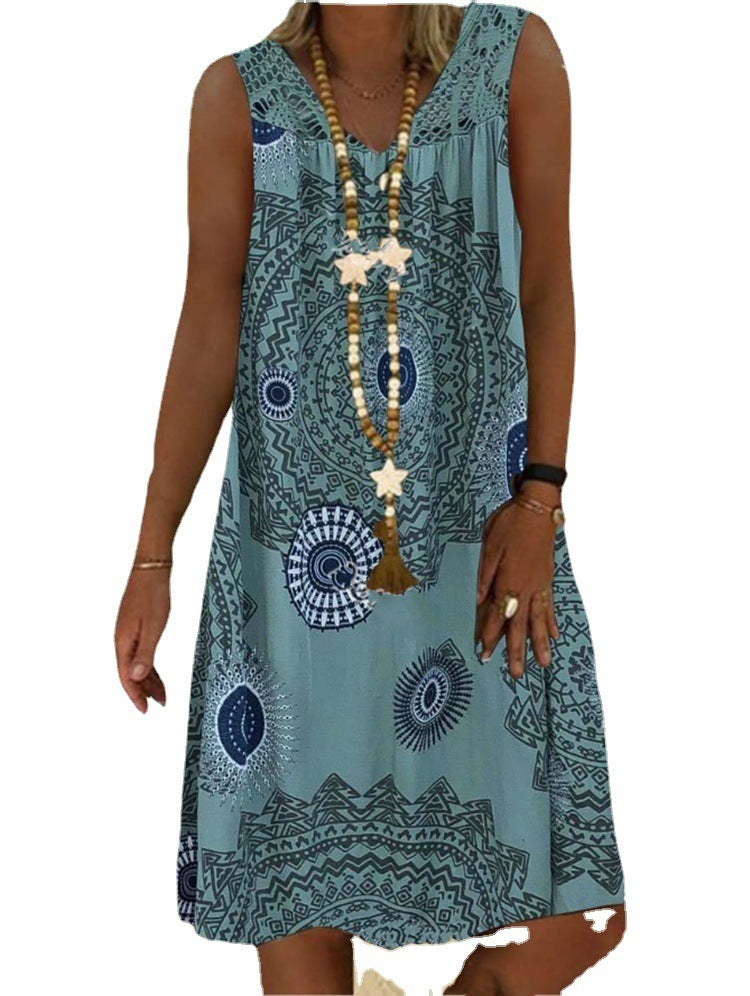 Printed Deep V-neck Sleeveless Mid-length Dress