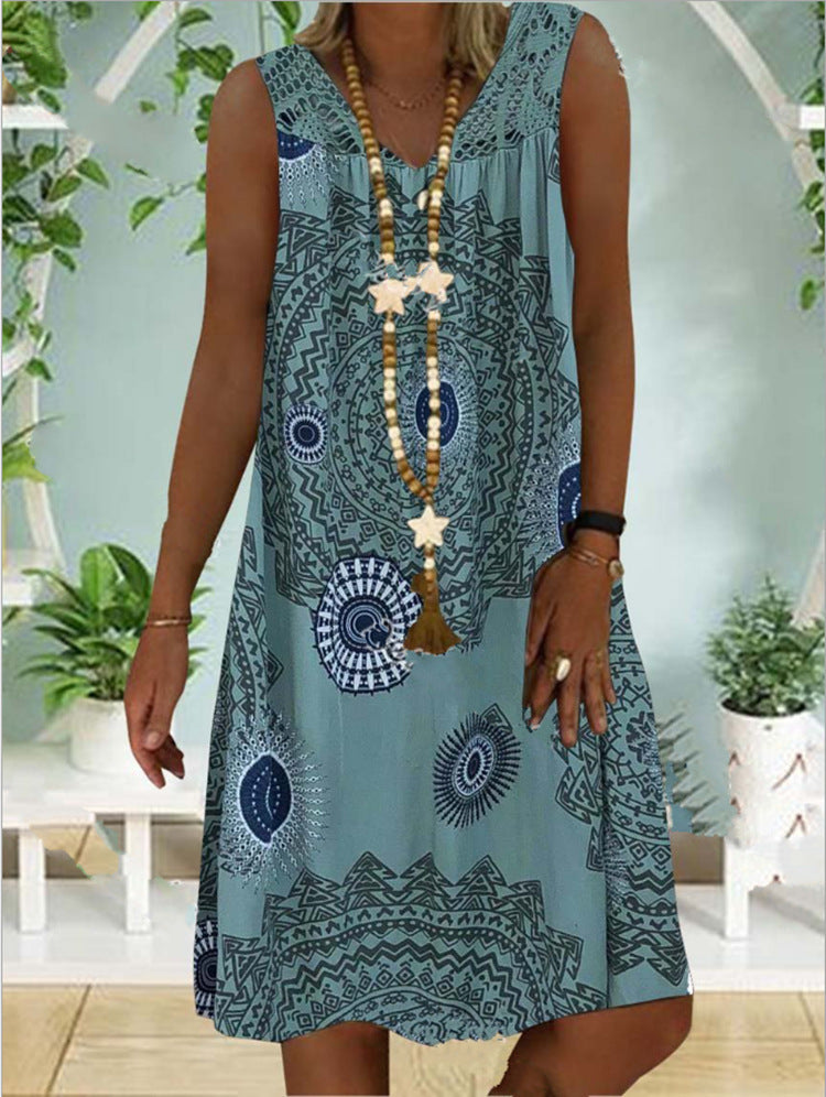 Printed Deep V-neck Sleeveless Mid-length Dress