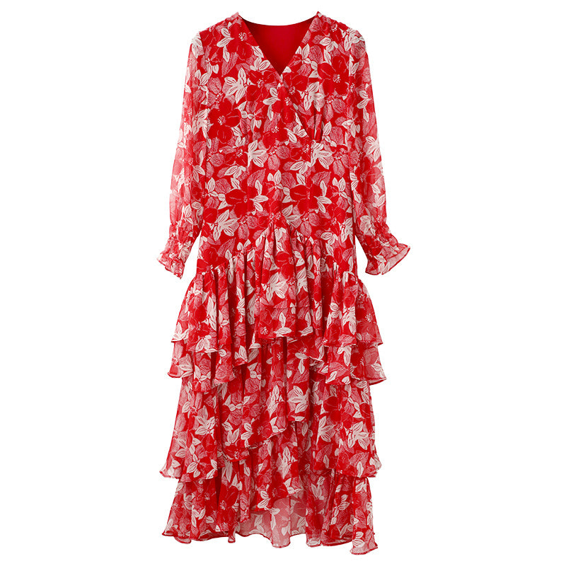 Irregular V-neck Chiffon Floral Dress Mid-length