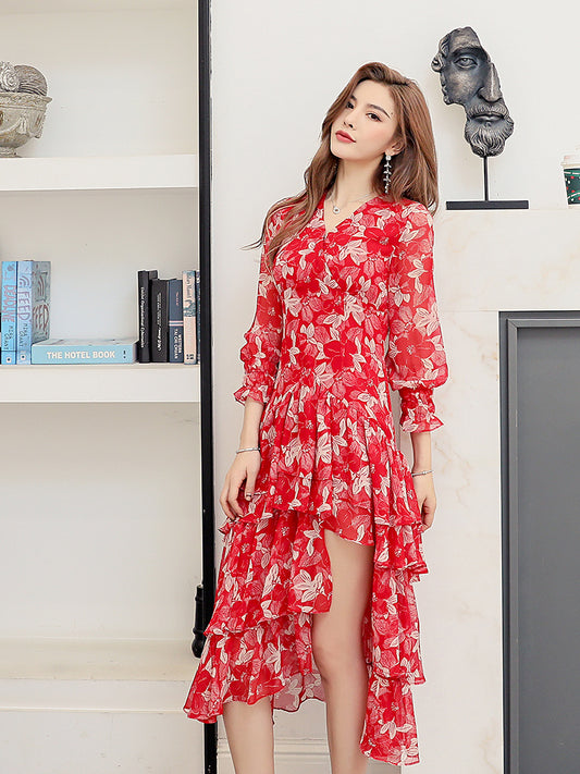 Irregular V-neck Chiffon Floral Dress Mid-length