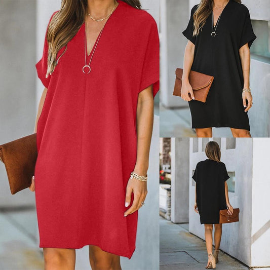 Casual European Style Plus V-neck Loose Dress